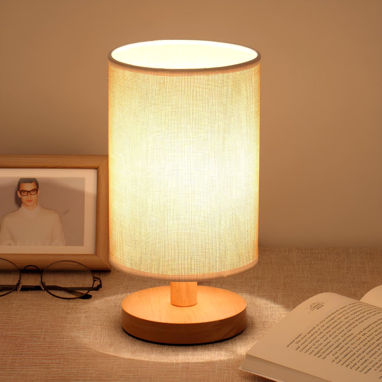 Lampe de table en bois et lin avec télécommande LED