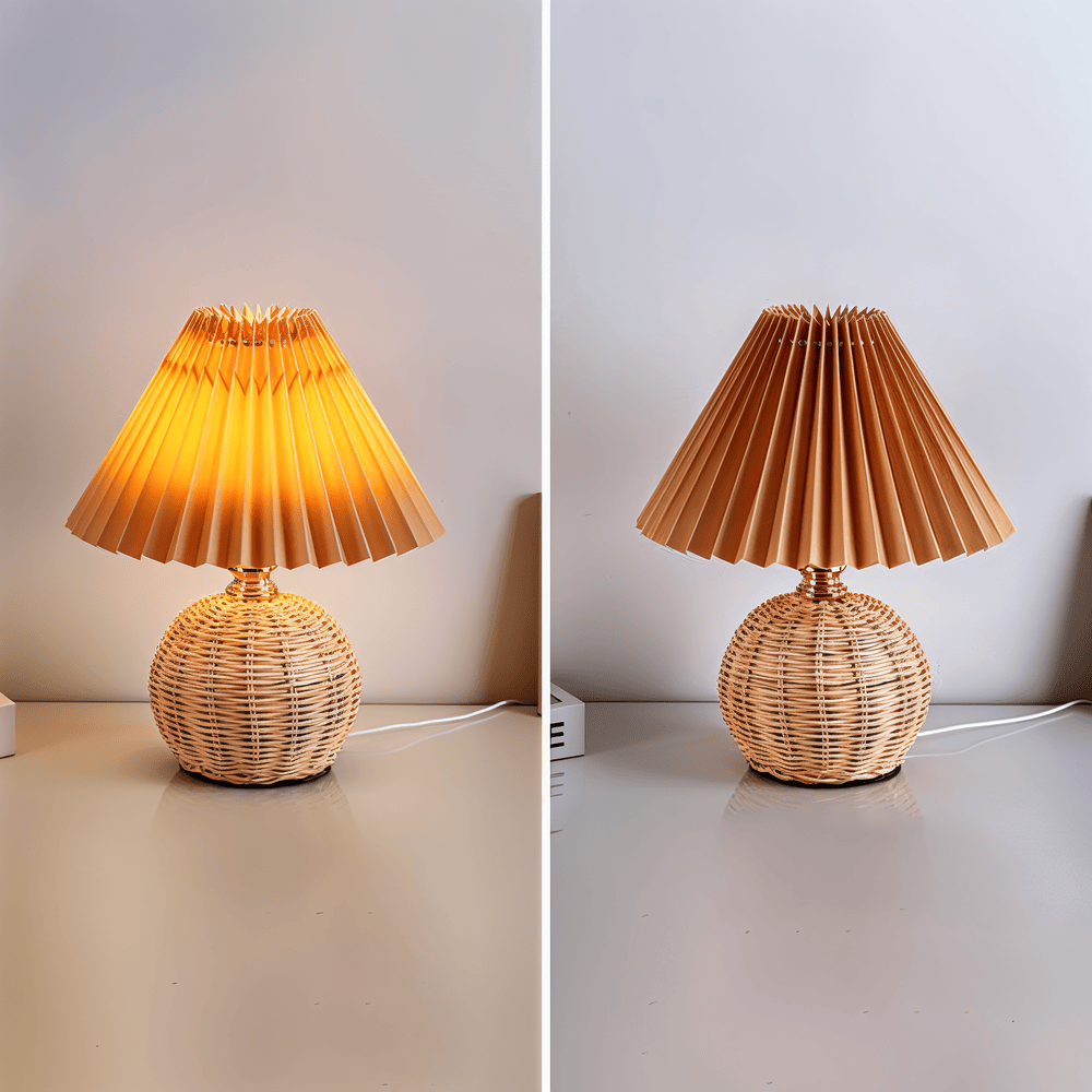 Lampe de table en rotin rétro avec abat-jour plissé