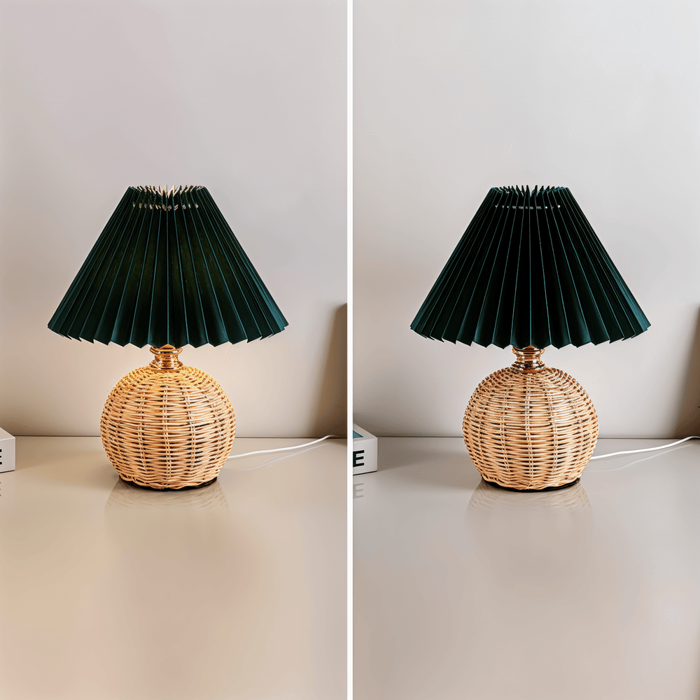 Lampe de table en rotin rétro avec abat-jour plissé