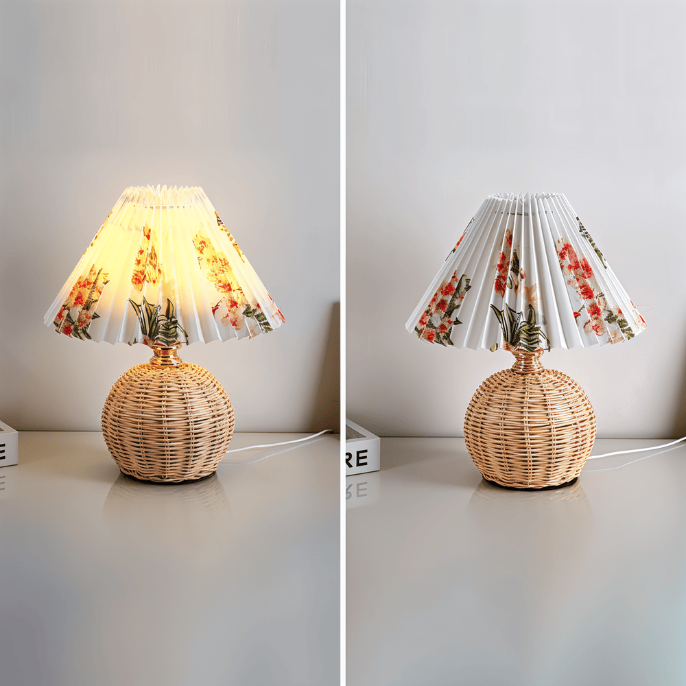 Lampe de table en rotin rétro avec abat-jour plissé