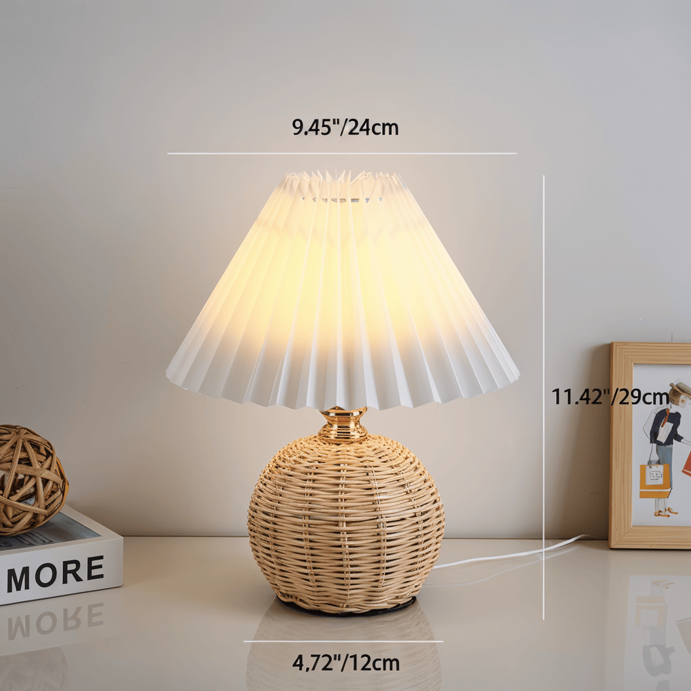 Lampe de table en rotin rétro avec abat-jour plissé