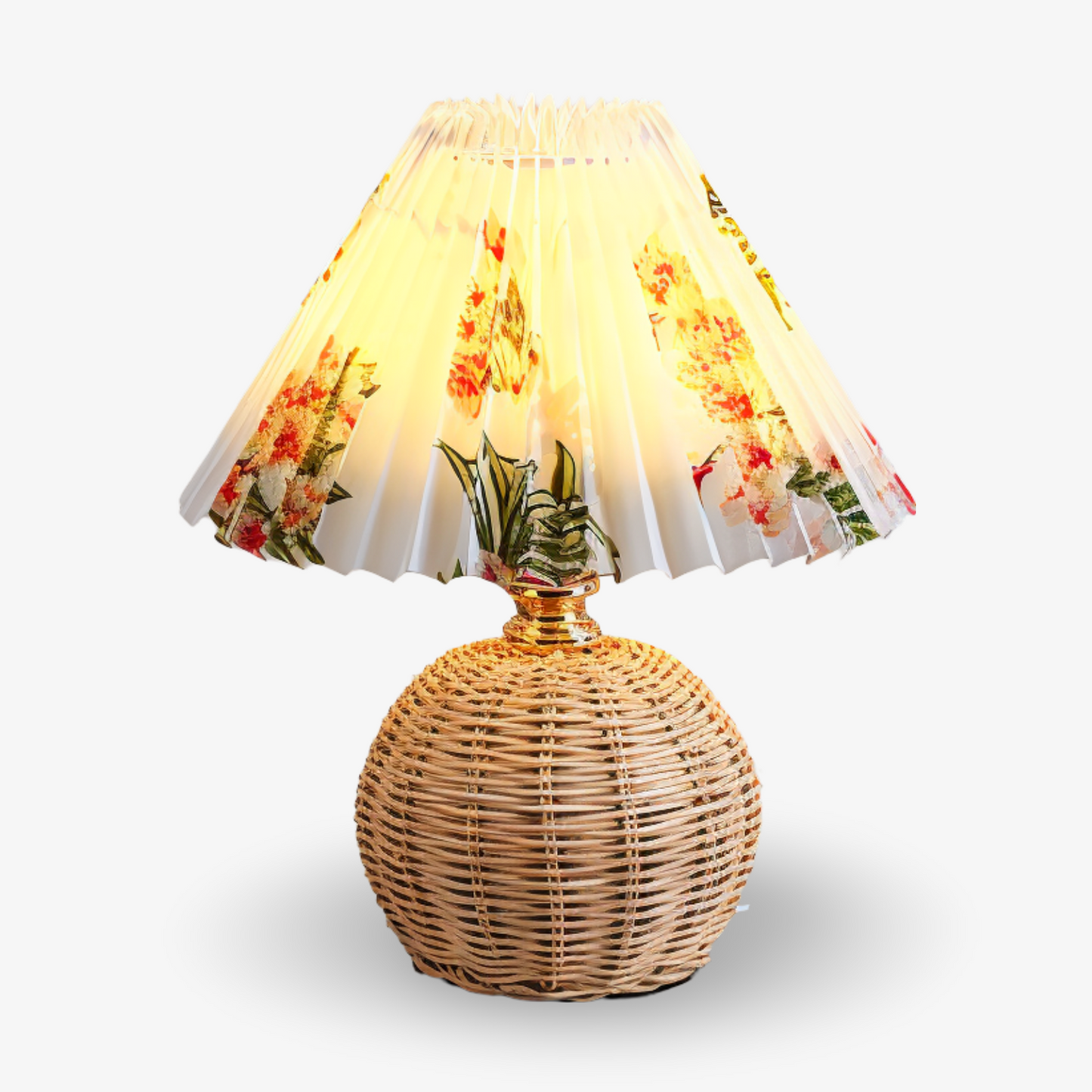 Lampe de table en rotin rétro avec abat-jour plissé